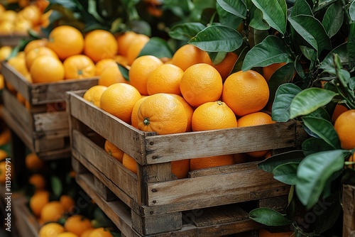 A crate of oranges is on a table