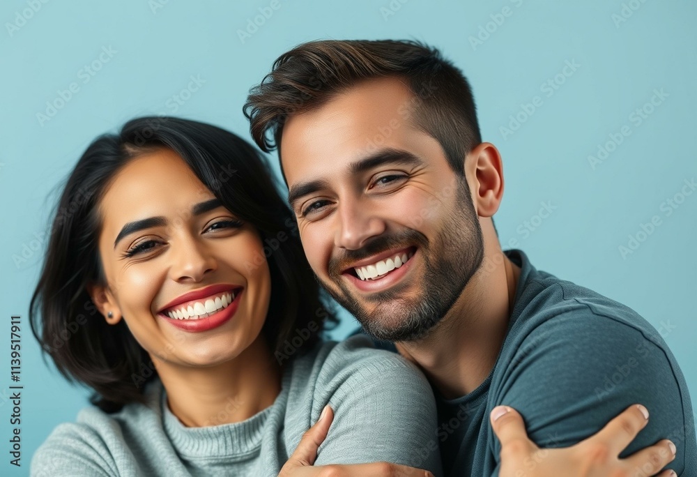Peaceful, serene portrait of a happy female and calm male embracing Peaceful, serene portrait of a happy female and calm male embracing