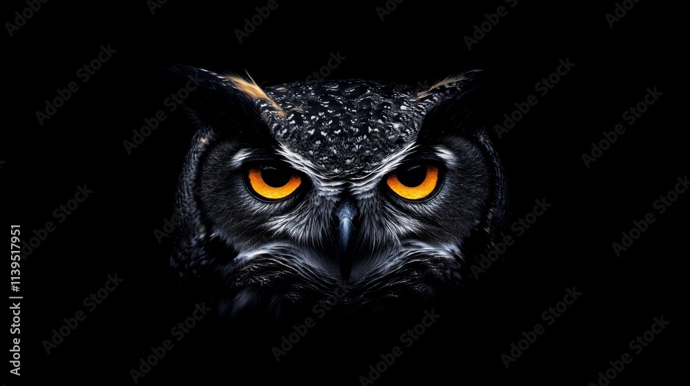 Majestic owl portrait against a black background, showcasing its intense gaze and detailed feathers. Majestic owl portrait against a black background, showcasing its intense gaze and detailed feathers.
