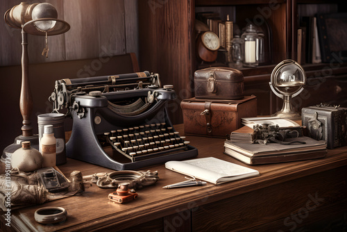 A cluttered desk with a green typewriter is centered, surrounded by books, candles, and writing supplies, adding a vintage creative feeling.  photo