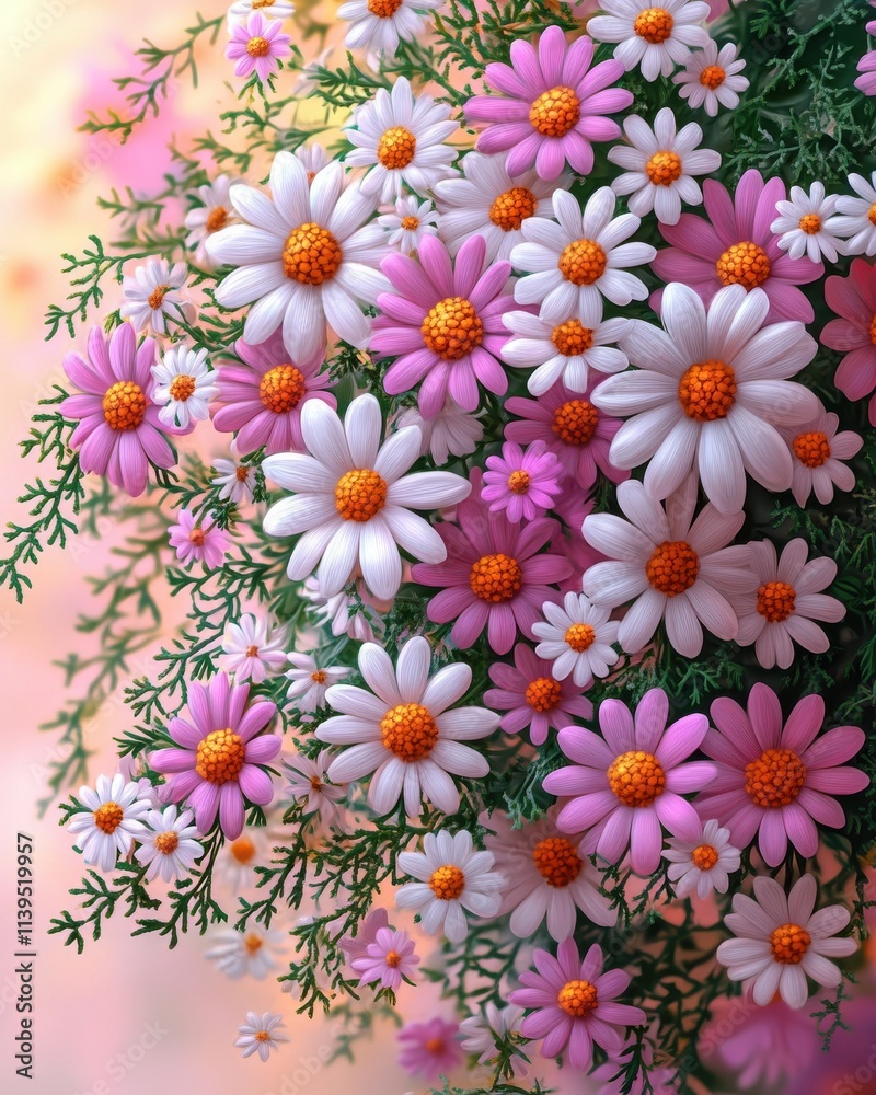 Obraz premium A vibrant bouquet of pink and white daisies with bright orange centers, exuding a cheerful and fresh vibe.