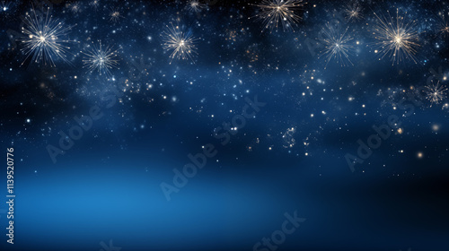 A blue sky with a lot of stars and fireworks. The fireworks are in the sky and are scattered all over