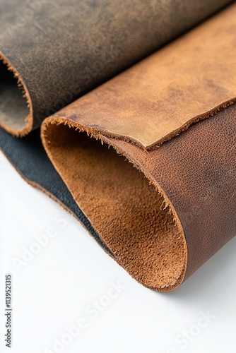 Close-up of various textured leather rolls in warm tones, showcasing their rich colors and unique surfaces.