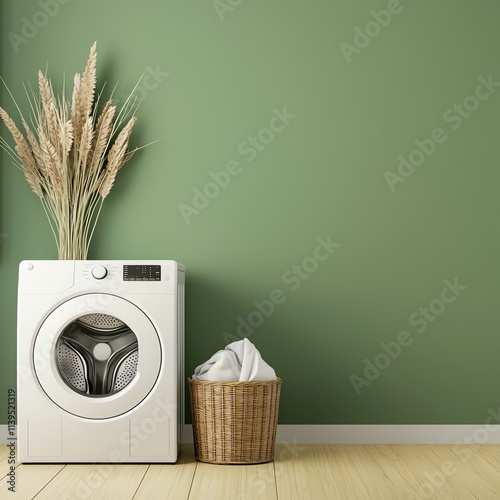 Sustainable Laundry Room on Solid Green Background A laundry area with an ecofriendly washerdryer that uses minimal water and energy, showcased against a solid green background photo