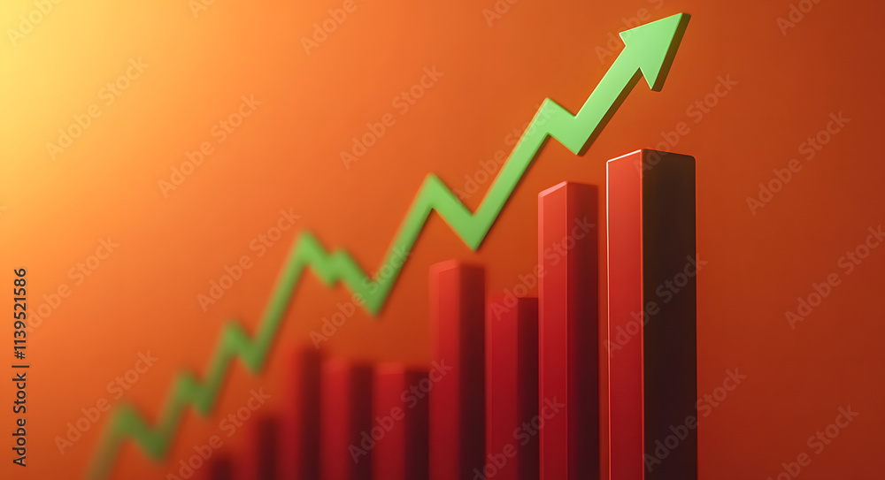 A green arrow graph rising on a red bar chart against an orange background. Ideal for business growth, success, and positive trends. A green arrow graph rising on a red bar chart against an orange background. Ideal for business growth, success, and positive trends.