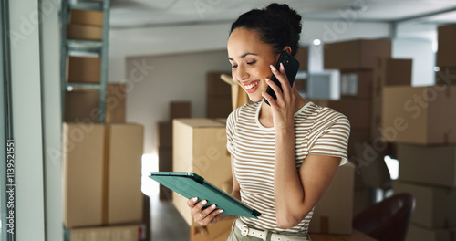 Phone call, supply chain and woman on tablet with boxes for shipping, online orders and ecommerce. Business, startup and person talking for production, distribution or delivery logistics in factory