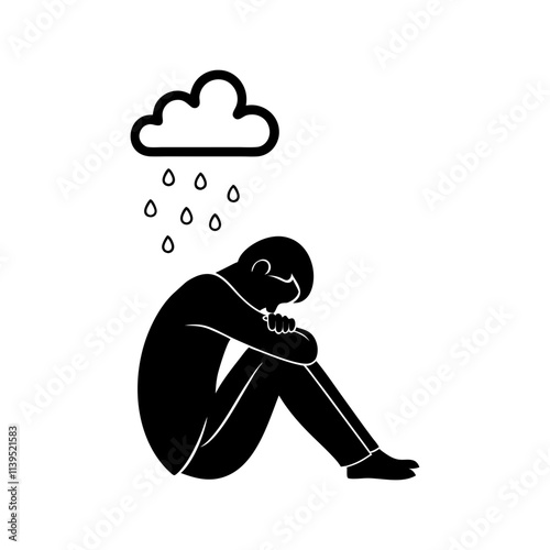 Depressed Person with Rain Cloud Silhouette vector illustration 