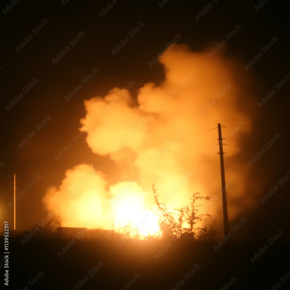 Nighttime Industrial Fire Blaze Illuminating Sky Nighttime Industrial Fire Blaze Illuminating Sky
