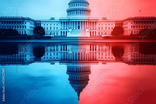 The U.S. Capitol building reflected in a water body, divided into red and blue hues, symbolizing political balance and contrast. photo