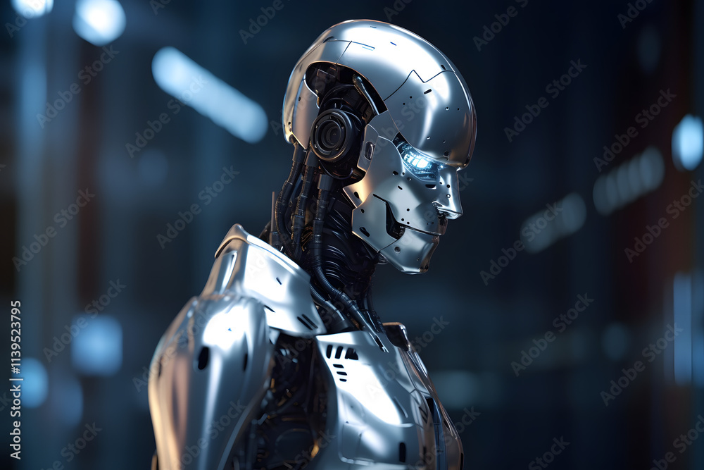 A close-up shows a chrome humanoid robot with glowing eyes A close-up shows a chrome humanoid robot with glowing eyes