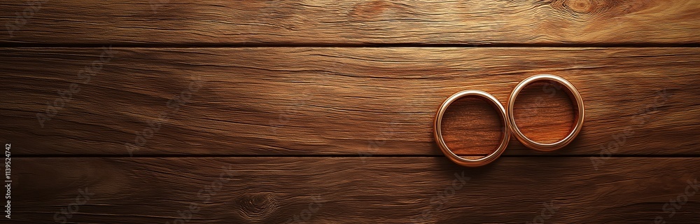 Two Golden Wedding Rings on Rustic Wooden Background