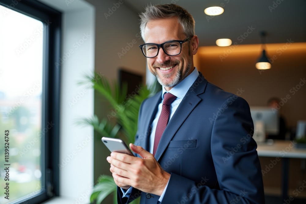 Professional Businessman in Blue Suit Using Smartphone in Modern Office, Ideal for Business Marketing, Corporate Branding, and Professional Development Materials Professional Businessman in Blue Suit Using Smartphone in Modern Office, Ideal for Business Marketing, Corporate Branding, and Professional Development Materials