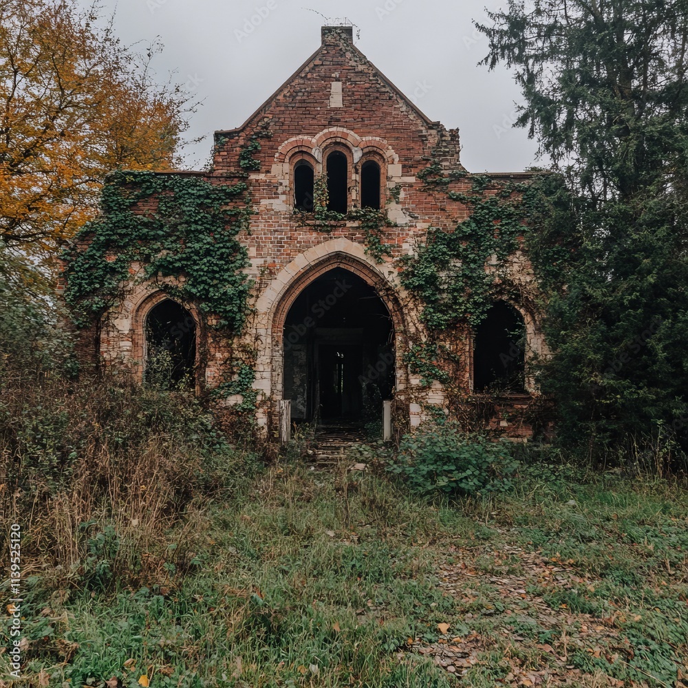 Obraz premium Overgrown Brick Ruin A Gothic Revival Chapel in Decay