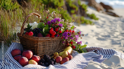 vibrant beach picnic scene featuring basket of fresh fruits and flowers