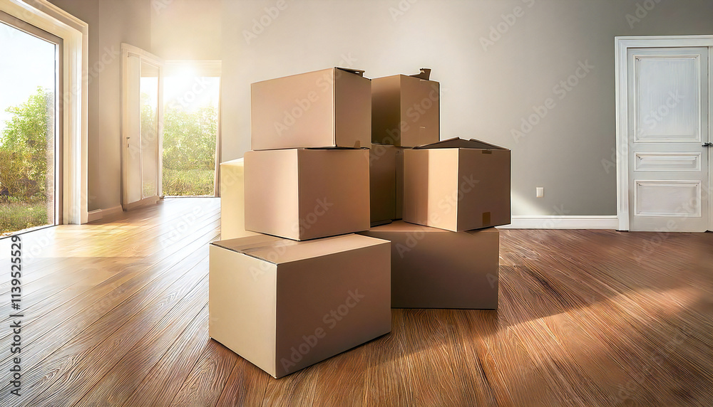 A mountain of cardboard boxes in a beautiful room. A room with light shining through the window and cardboard boxes. A mountain of cardboard boxes in a beautiful room. A room with light shining through the window and cardboard boxes.