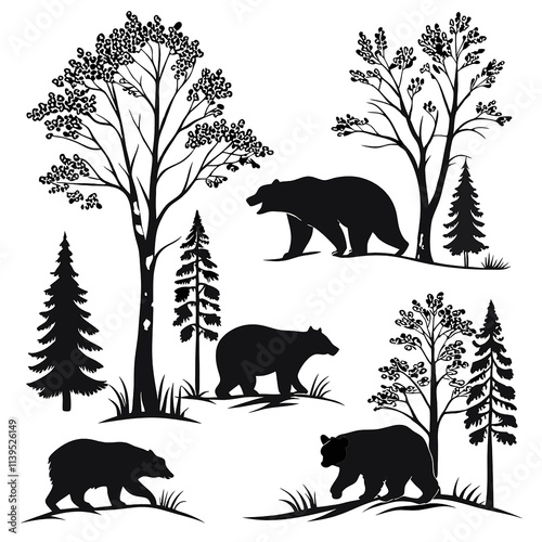 Natural Bear Silhouettes Icon Collection. Bears silhouette bundle photo