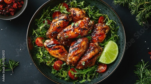 Grilled chicken wings with mixed greens and cherry tomatoes on a dark plate.