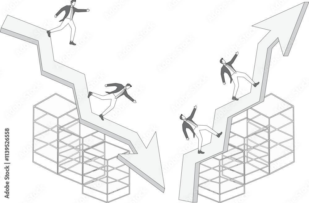 Businessman running on up arrow and businessman running on down arrow, personal career or business development, recession or stock market decline Businessman running on up arrow and businessman running on down arrow, personal career or business development, recession or stock market decline