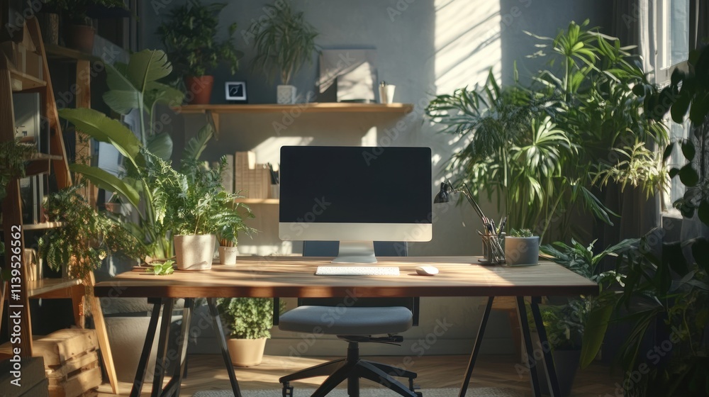 A serene workspace filled with plants, featuring a desk and computer in natural light. A serene workspace filled with plants, featuring a desk and computer in natural light.