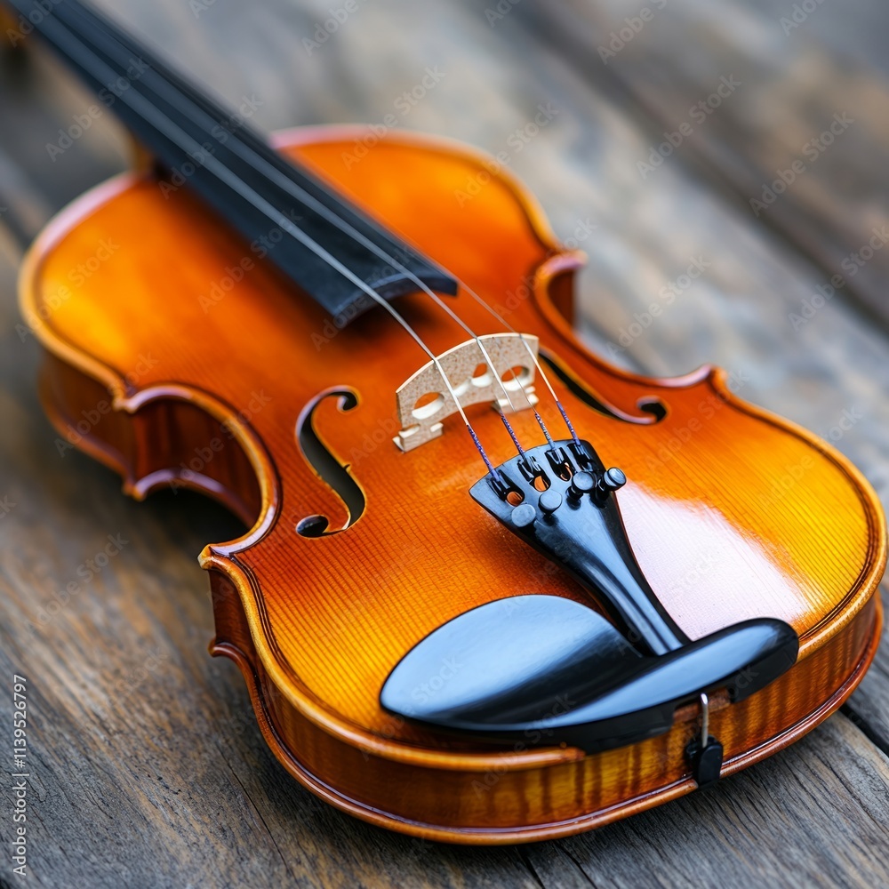 Fototapeta premium Polished Violin on Wooden Surface A Musical Instrument Closeup