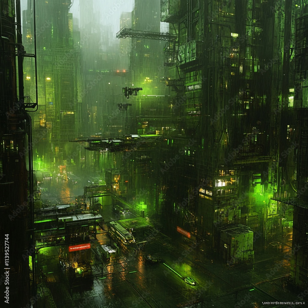 Naklejka premium Rainswept Cyberpunk Cityscape Glowing Green Metropolis