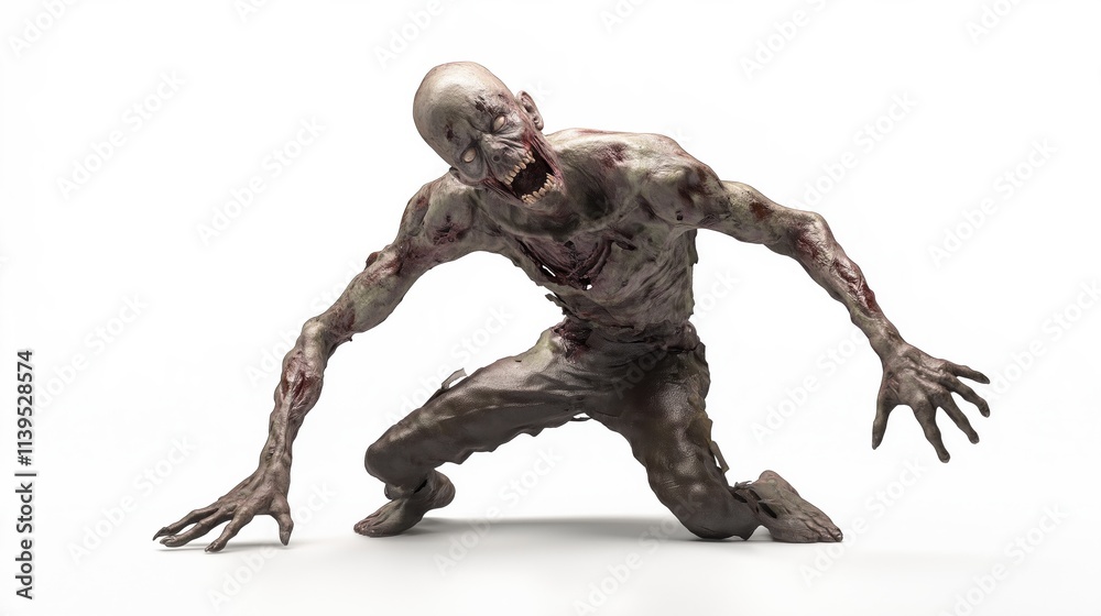A zombie man is crouching on the ground with his hands on his knees A zombie man is crouching on the ground with his hands on his knees