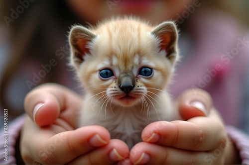 A tiny kitten with blue eyes and a soft coat is held delicately in a person\'s hands, exuding an aura of innocence and tranquility in a warm, cozy atmosphere