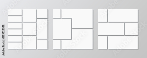 Mosaic picture frames collection. Set of mood board background. Moodboard collage template layout. Album brandboard presentation. Scrapbook grid. Gallery banner. Portfolio images. Vector illustration