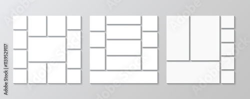 Photo collage brandboard layout. Album portfolio images isolated on gray background. Moodboard templates set. Collection of mosaic pictures grid. Mood board frame. Vector illustration