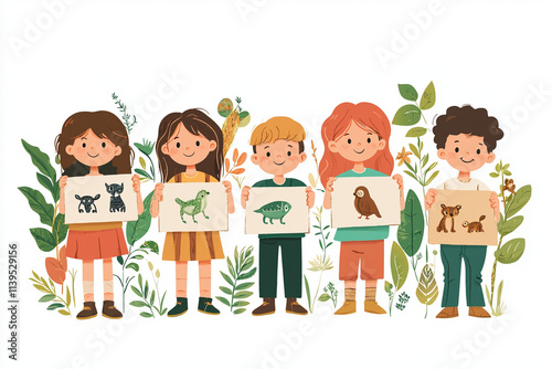 Happy children in a nature club- depicted in a cheerful cartoon style.  Child art and animation elements.  Perfect clip art