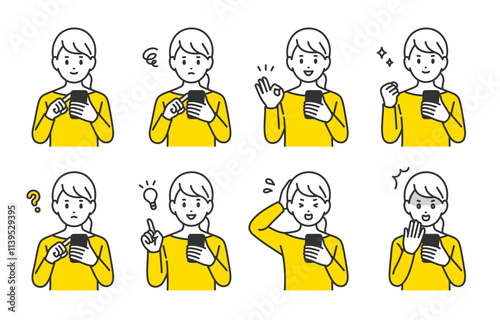 スマホを見ながらいろいろな表情･ポーズをする若い女性のセット【人物ベクターイラスト素材】