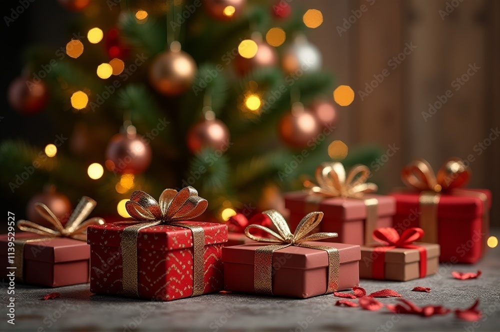 Wrapped presents in various sizes sit on a soft surface, glistening with decorative ribbons. A vibrant Christmas tree adorned with glowing ornaments stands in the background, radiating joy Wrapped presents in various sizes sit on a soft surface, glistening with decorative ribbons. A vibrant Christmas tree adorned with glowing ornaments stands in the background, radiating joy