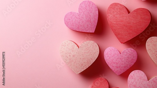 Heart-shaped cutouts in varying shades of pink and red, arranged on a soft pink background.