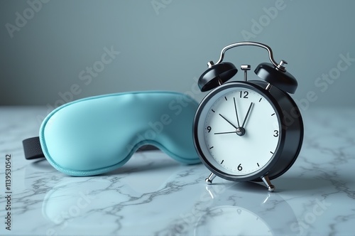 A serene setting unfolds with a soft aqua sleep mask resting beside a classic black alarm clock on a polished marble countertop, inviting calm and restful nights
