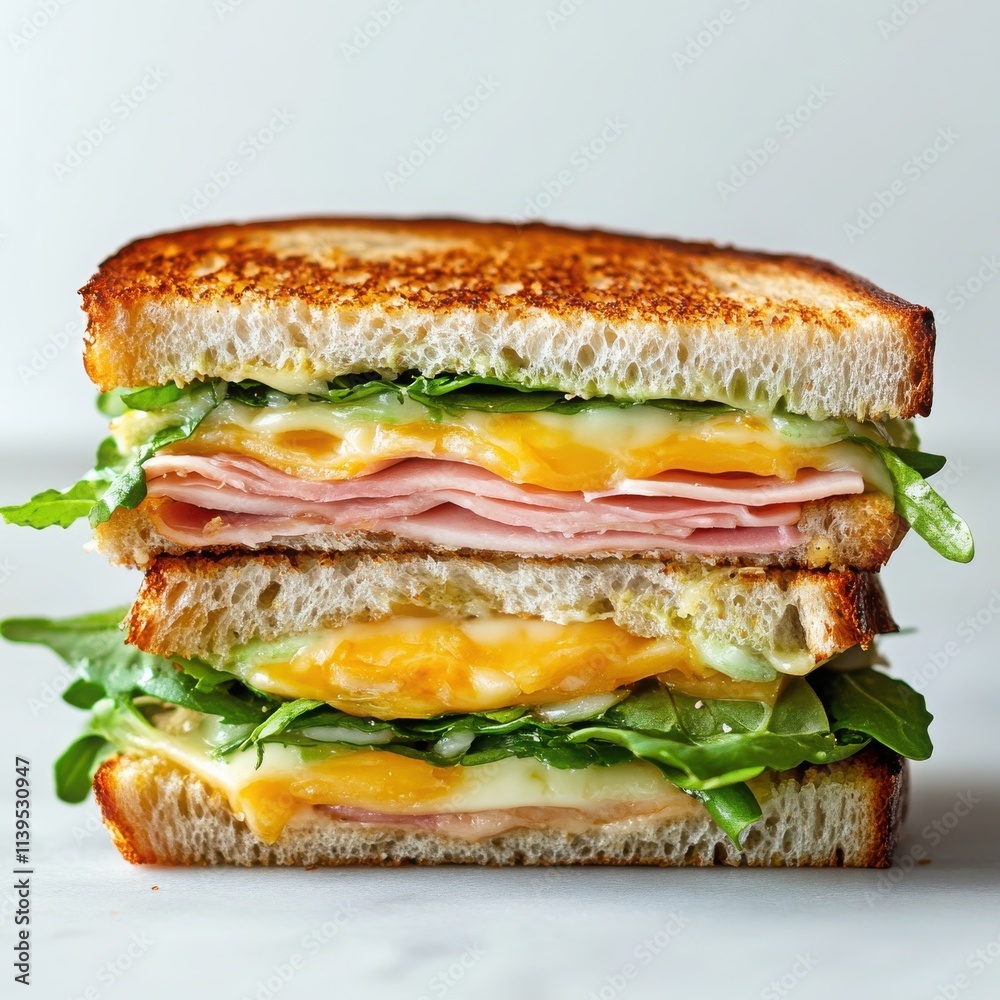 A classic sandwich with layers of ham, cheese, and lettuce between two slices of bread on a white background A classic sandwich with layers of ham, cheese, and lettuce between two slices of bread on a white background