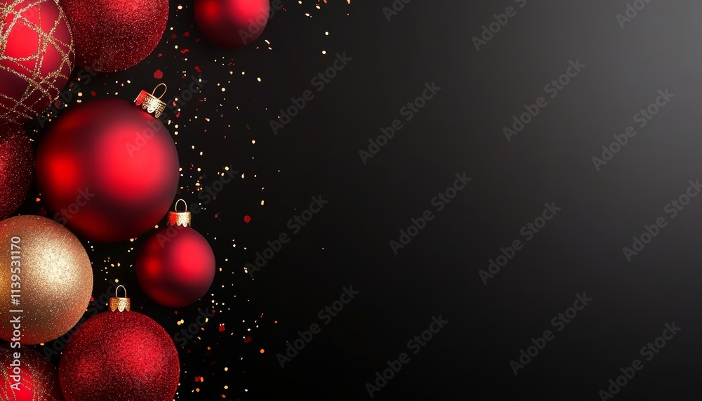 Christmas ornaments in red and gold, sparkling against a dark background, evoke a festive and joyful atmosphere. Christmas ornaments in red and gold, sparkling against a dark background, evoke a festive and joyful atmosphere.