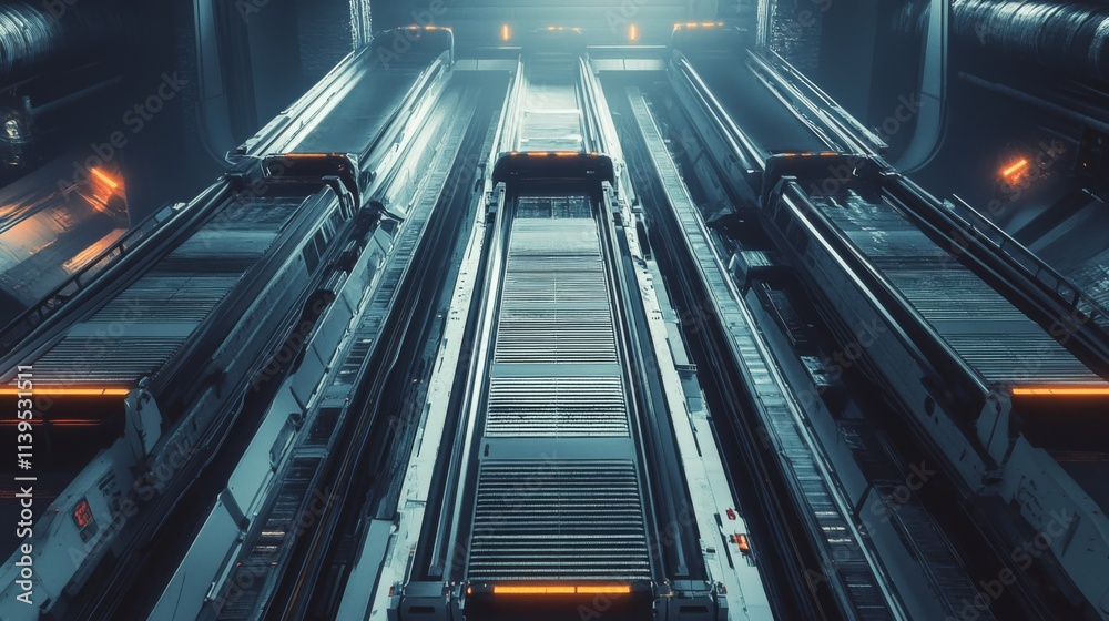 Futuristic metallic corridor with glowing lights.