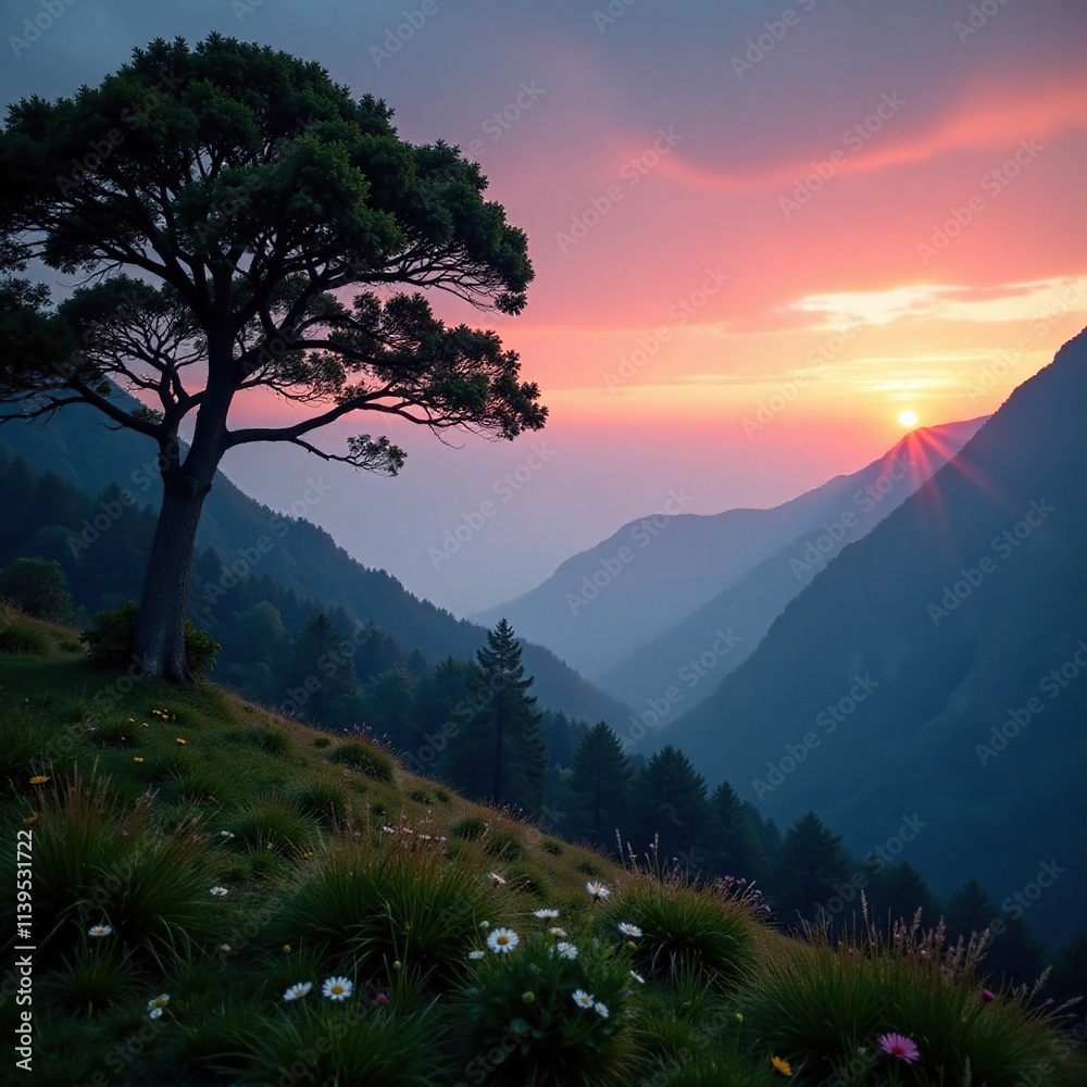 Obraz premium Serene forest at dawn with misty mountains in the background, Landscape, Tree