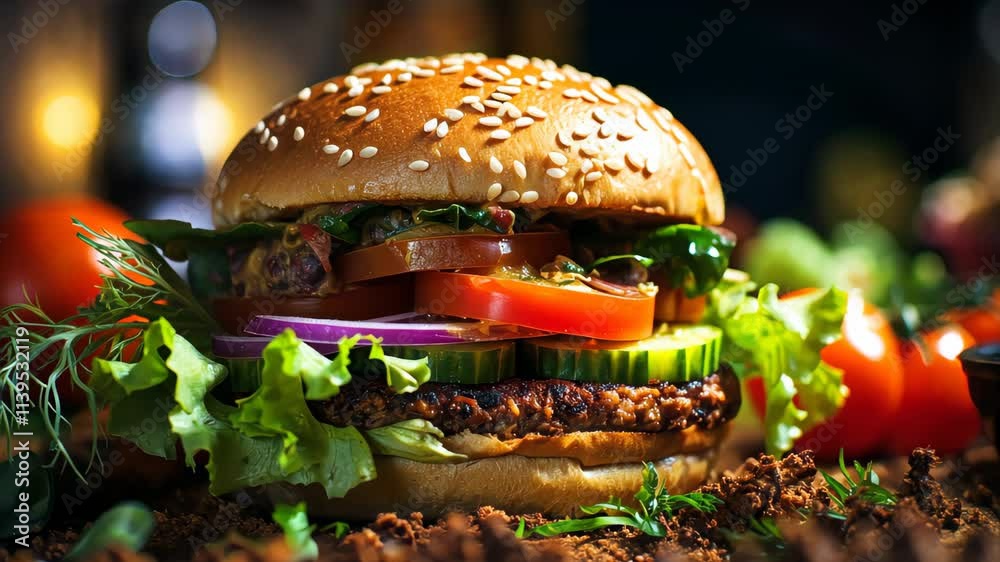 Close-up of a vegan burger featuring a plant-based patty, fresh lettuce, tomato, cucumber, red onion, and a sesame seed bun, resting on a bed of spices with tomatoes and dill in the background