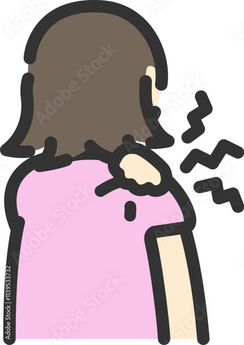 肩こりが酷い、女性の後ろ姿のアイコン（線画カラー）のイラスト
