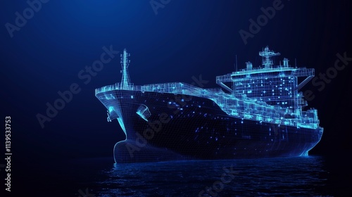 A massive cargo ship on a sleek dark blue background, featuring low poly wireframe designs, geometric lines, and ample copy space for use in versatile advertising campaigns. photo