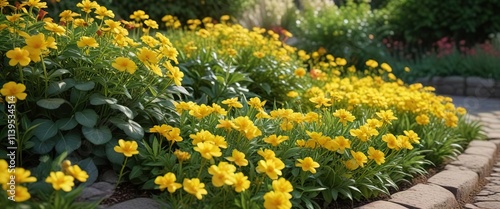 lush foliage and golden yellow flowers in a garden bed, ornamental grasses, Achillea filipendulina photo