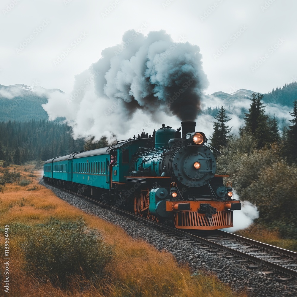 Obraz premium Steam Train Journey Through Majestic Mountain Scenery