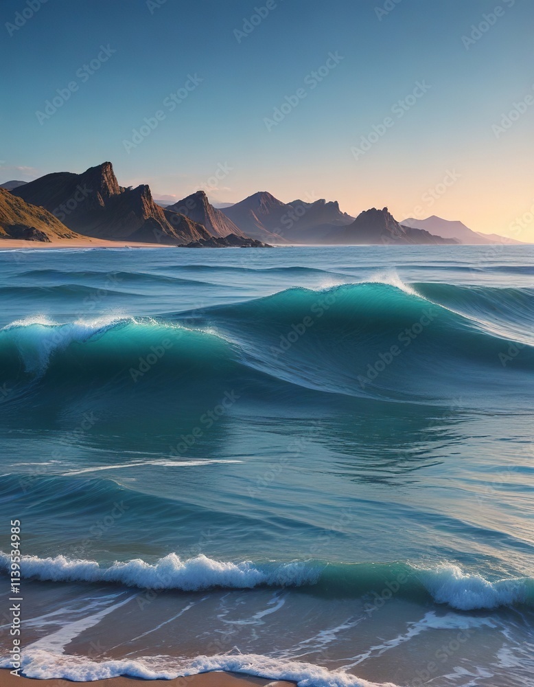 Gradient blue landscape with rolling waves and distant shores, soothing colors, gentle slopes, distant shores Gradient blue landscape with rolling waves and distant shores, soothing colors, gentle slopes, distant shores