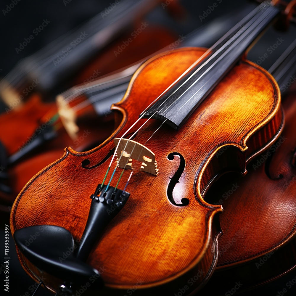 Fototapeta premium Trio of Exquisite Antique Violins in Dramatic Lighting