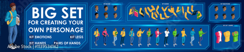 Isometric Black Man characters constructor for designed N2. Presentation in various action. Set of Students personages flat style illustration
