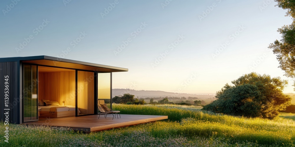 A compact prefabricated building in a serene natural setting, blending modern design with the beauty of the outdoors. A compact prefabricated building in a serene natural setting, blending modern design with the beauty of the outdoors.