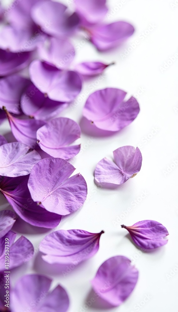Dried lavender petals scattered on a white surface, isolated, copyspace Dried lavender petals scattered on a white surface, isolated, copyspace