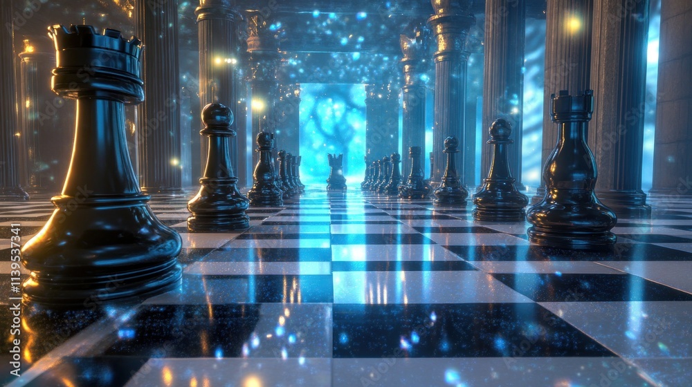 A surreal chessboard scene with glowing pieces and a mystical background. A surreal chessboard scene with glowing pieces and a mystical background.