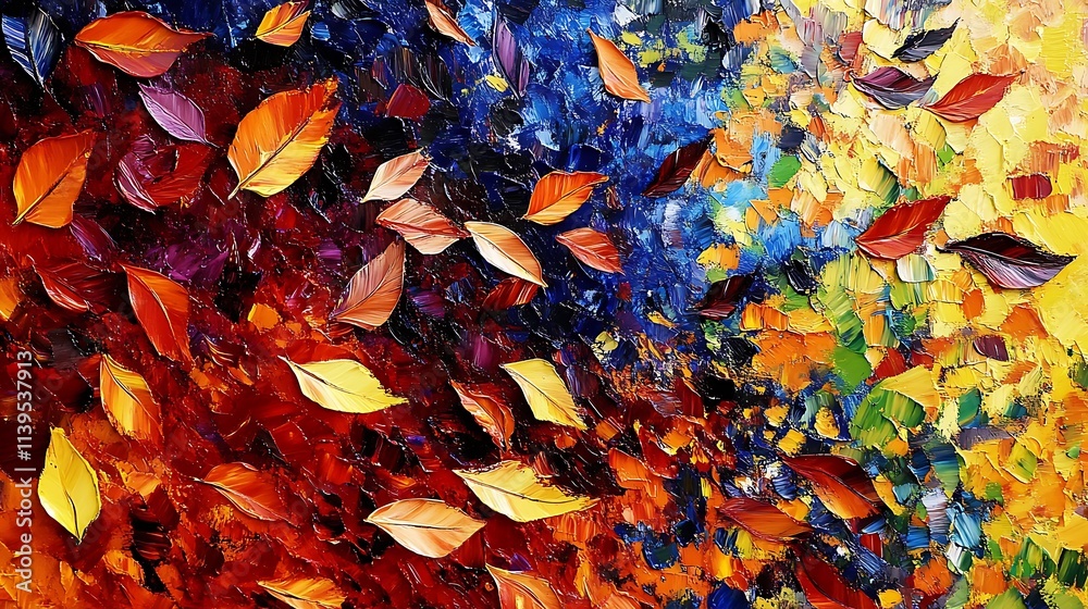 Abstract Oil Painting of Falling Autumn Leaves with Textured Brushstrokes Abstract Oil Painting of Falling Autumn Leaves with Textured Brushstrokes
